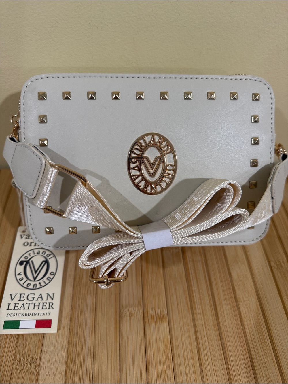 Valentino Orlandi Bone Studded Crossbody Bag Zip Closure Detachable Strap